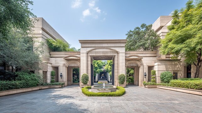 Elegant luxury residence entrance with architectural details and lush greenery, showcasing timeless sophistication and harmony with nature.