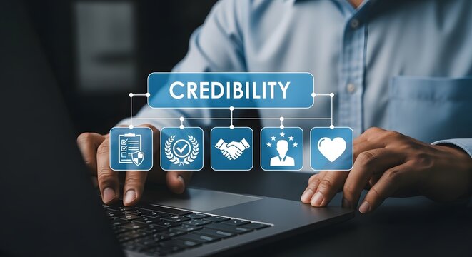 Build business credibility online now with this modern graphic showing trust, integrity, and customer loyalty with a professional and sleek presentation