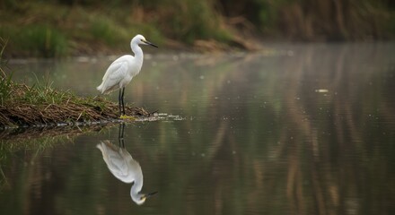 A solitary white bird with long black legs and a yellow face patch stands at the edge of a misty lake, reflecting perfectly