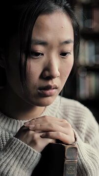 A Cinematic Close-Up of a Heartbroken Woman Finding Comfort or Sad Memories in a Book, Set in a Moody, Low-Light Room with Bookshelves