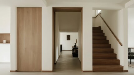 Fototapeta premium A long, empty luxury hotel corridor with wood doors, new walls, and gleaming floors leading to an apartment-like room, showcasing modern architecture and interior design