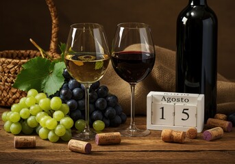 Elegant wine tasting with grapes and a date block