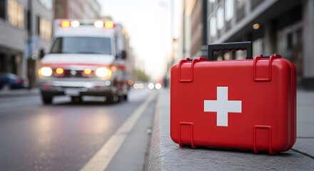 Emergency first aid kit displayed with ambulance in city street offers immediate medical assistance and professional healthcare for urgent situations