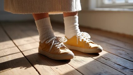 Gentle morning light on yellow sneakers walking across sunlit wooden floor