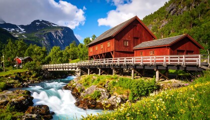 Red wooden buildings beside a rushing river in a mountainous valley