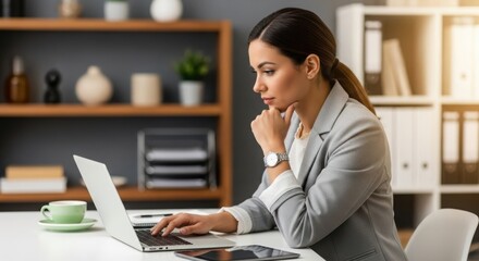 Woman in grey blazer working on laptop at desk with green coffee cup office