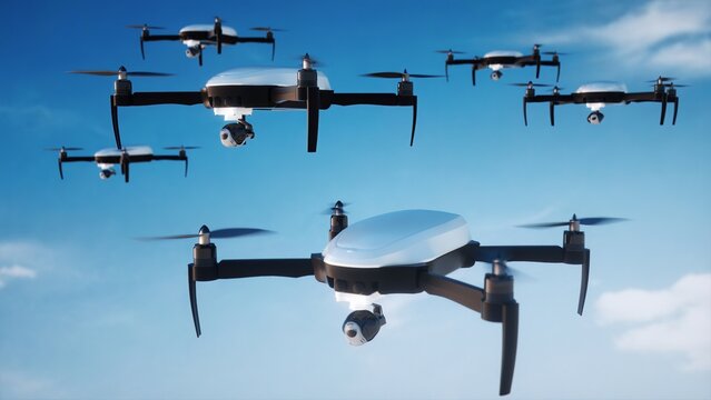 Futuristic Drone Swarm Flying in Sky, Autonomous Robotics Technology