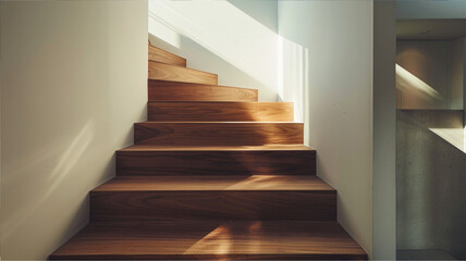 Low-Angle View Down Wooden Stairs into Cozy Scandinavian Kitchen with Warm Morning Light
