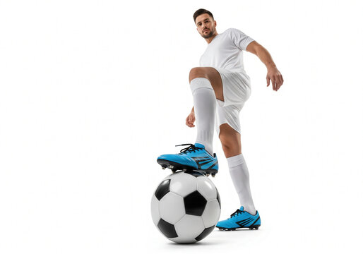 Soccer player in white with one foot on a soccer ball, viewed from an uncommon perspective , creating an impressive effect in the foreground.