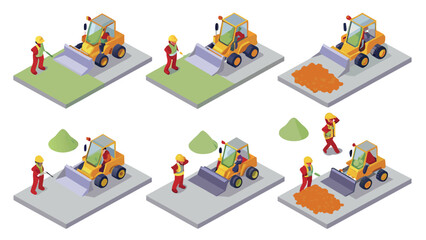 Isometric construction scene showing a worker and a bulldozer moving different materials on a surface