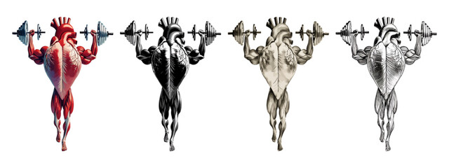 Muscular heart lifting weights, heart bodybuilder powerlifting, muscular organ circulatory system.