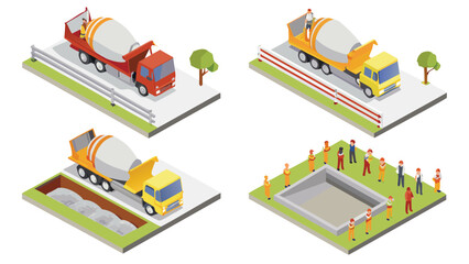 Isometric view of construction site showing cement trucks and workers around foundation pit