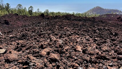 The expansive volcanic lava field showcases a rugged terrain accompanied by a stunning distant...