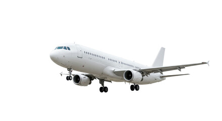 Modern, sleek, white twin-engine commercial passenger airplane with visible windows and extended landing gear, expertly posed against a pristine, shadowless white studio background. Concept of modern