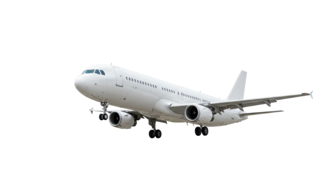 Modern, sleek, white twin-engine commercial passenger airplane with visible windows and extended landing gear, expertly posed against a pristine, shadowless white studio background. Concept of modern