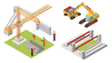 Isometric construction site featuring a crane excavator workers and building elements in a stylized view