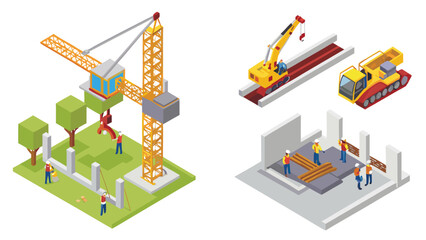 Isometric construction site with cranes, workers, and building structures in a vector illustration