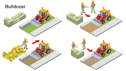 Isometric illustration showing a bulldozer moving materials in construction phases of project one hundred