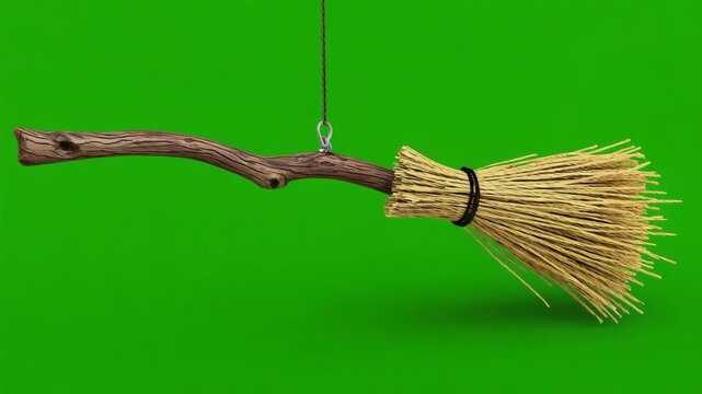 Classic 3D witch’s broomstick with straw bristles and a twisted wooden handle, whooshing across from left to right, isolated on a green background 