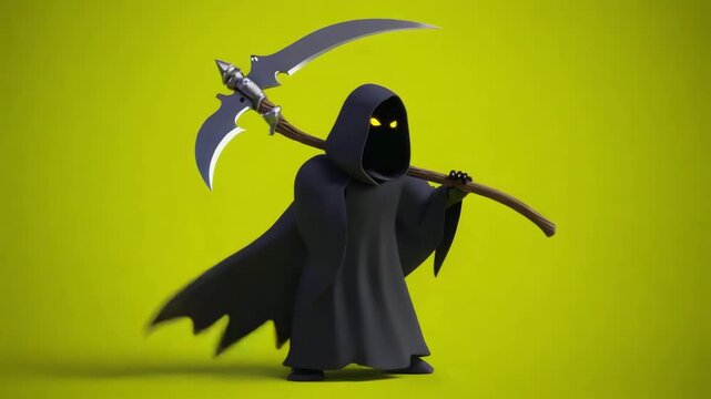 3D cartoon-style Grim Reaper with a big hood, glowing eyes, and oversized scythe, standing and gently waving the scythe, all on a bright green background
