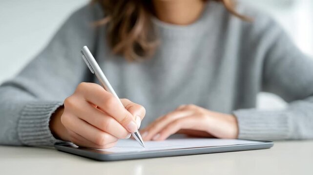 Young woman writing on digital tablet with stylus in cozy home setting, closeup on creative process