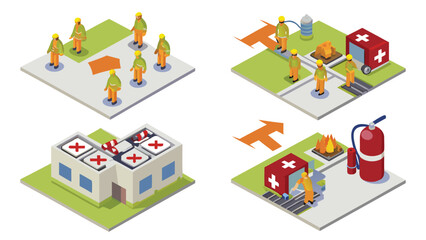 Isometric view of emergency response team and medical facility with fire safety measures shown clearly