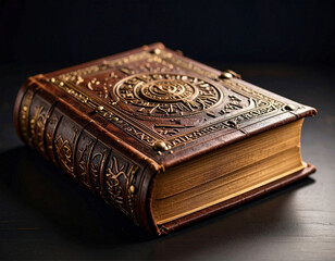 Fototapeta premium An ornate leather-bound ancient book with intricate designs rests on a dark surface, suggesting mystery and ancient knowledge.