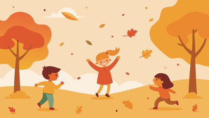Children playing park falling leaves warm