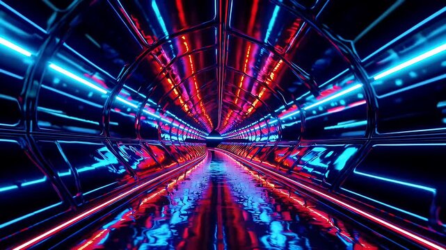 stunning 4K animation sci fi tunnel alternating red blue neon lights reflecting off glossy surface offering surreal journey effect ideal music videos tech visuals digital
