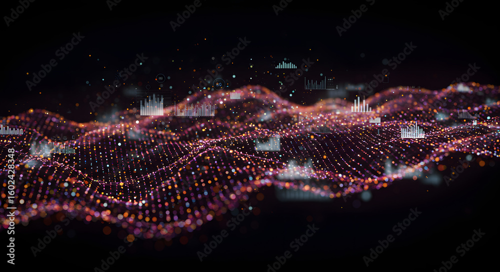 Poster data visualization: a dynamic, abstract representation of data streams, rendered in vibrant, interco