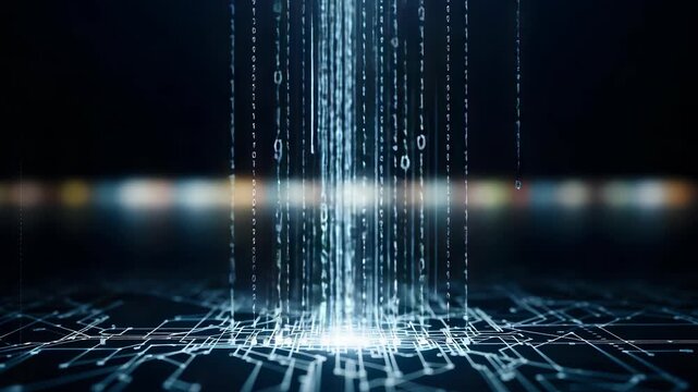 Abstract Blue Binary Code Flowing on Futuristic Circuit Board with Blurred Background