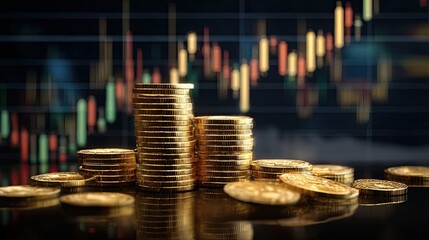 Photorealistic stacked golden bitcoins and silver stablecoins on reflective surface, with glowing stock market candlestick chart in dark background, symbolizing digital finance, cryptocurrency, and st