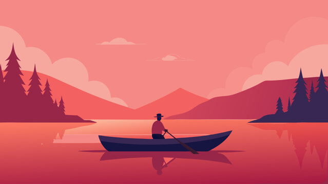 boatman rowing still lake tree