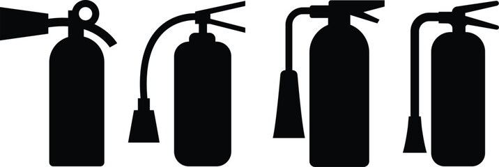 Fire extinguisher icon set in black flat style, includes safety, emergency, protection symbol and tool, fire control equipment and firefighting vectors illustration isolated on transparent background.