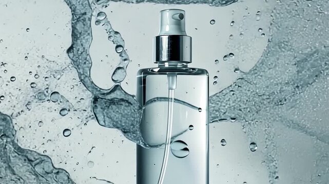Elegance in Aqua: Capturing the essence of freshness, a sleek perfume bottle is gracefully captured within a dynamic display of water splash.