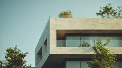 Modern Minimalist Concrete Building Exterior with Greenery and Blue Sky