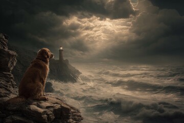 A giant armored dog guards a ruined castle gate as the sun rises and mist drifts through the hills