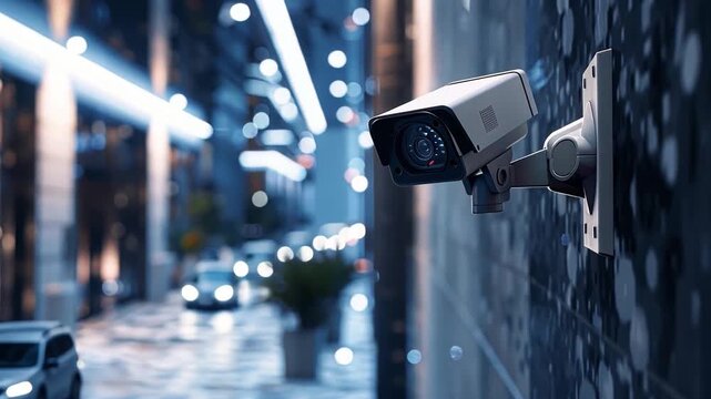 City Surveillance: A state-of-the-art security camera captures the dynamic urban scene. The camera acts as a silent observer in a cityscape, safeguarding its environment 