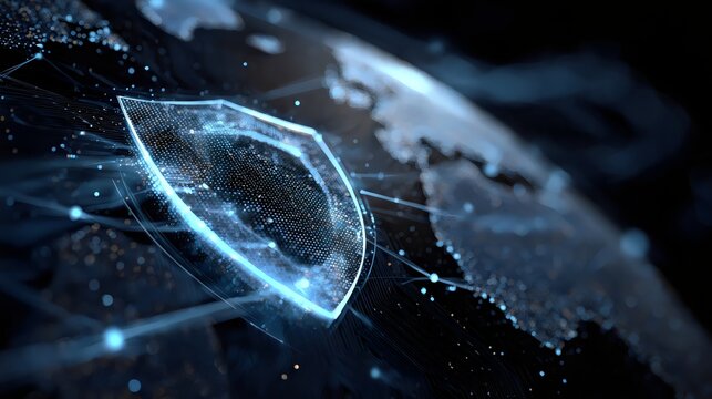 A digital shield symbolizing cybersecurity over a glowing world map.
