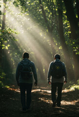 Two blurred pilgrims with backpacks walk along a sunlit forest trail on the Camino de Santiago, symbolizing journey, faith, and reflection.