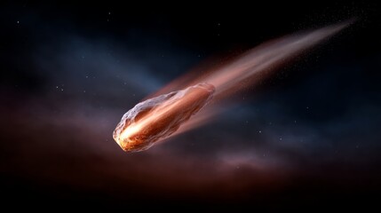 Meteor is falling through the sky. The image is dark and moody, with the meteor leaving a trail of light in its wake