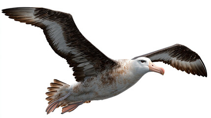 A majestic albatross soars gracefully through the air with its wings fully extended on white background