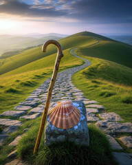 Scenic stone path winds through green hills at sunrise, featuring a pilgrim walking staff and scallop shell marker, symbolizing Camino de Santiago journey.