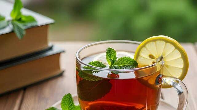 Aromatic Herbal Tea with Lemon and Mint on Wooden Table with Books and Greenery Background
