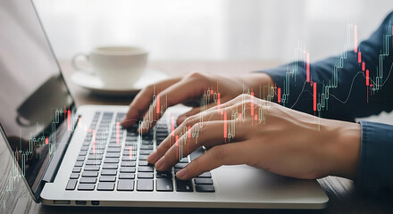 Hands typing on a laptop with a stock market graph overlay