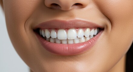 Fototapeta premium A close-up of smiling mouth revealing a perfect set of white teeth & natural lips. Soft lighting. Skin tone is light-medium