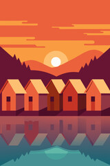 Fototapeta premium huts riverbank sunset reflection