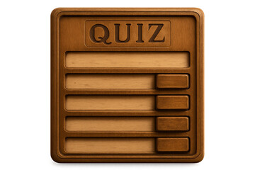 Wooden quiz board game interface with sliders carved on surface on transparent background, quiz board