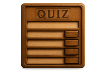 Wooden quiz board game interface with sliders carved on surface on transparent background, quiz board