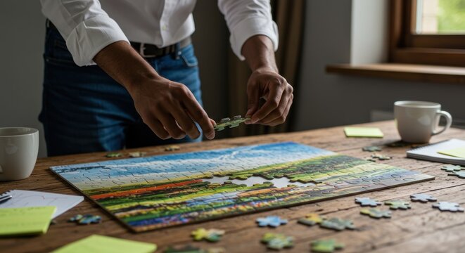 A person in a white shirt and jeans works on a colorful landscape jigsaw puzzle on a wooden table with coffee mugs and sticky notes - Powered by Adobe